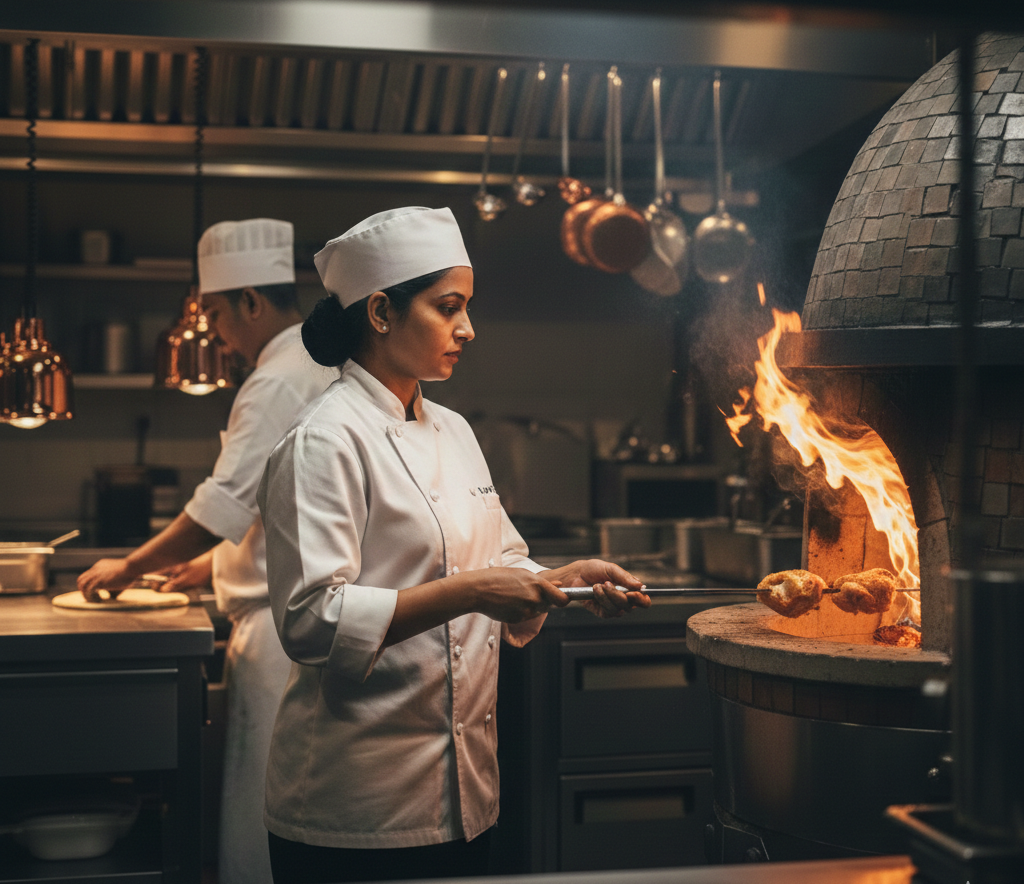 Elegant fine-dining kitchen with chef plating a signature dish