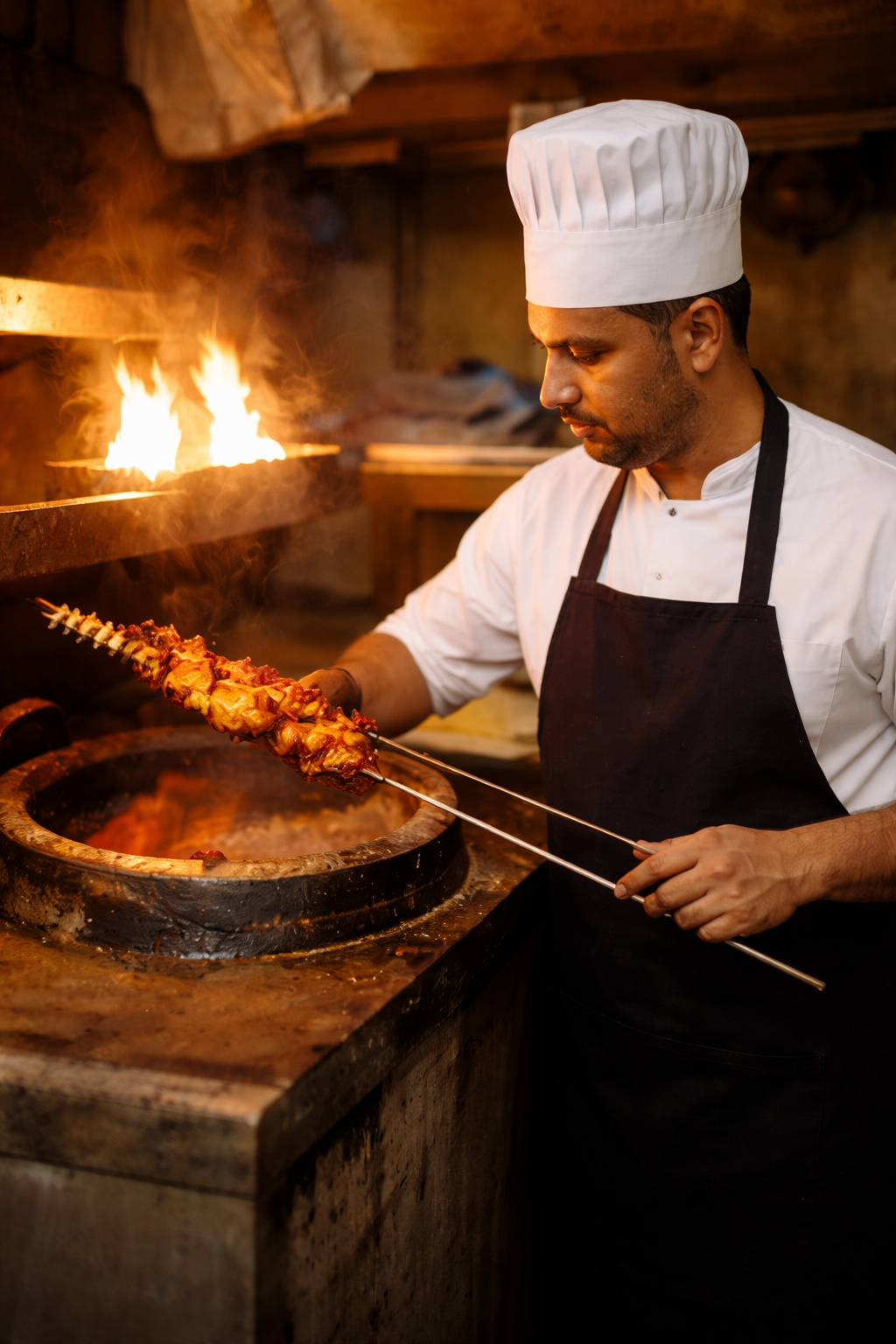 Professional chef in white uniform carefully plating gourmet dish in modern commercial kitchen with stainless steel equipment